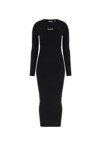 Vestito a maglia nero con coste, maniche lunghe e silhouette aderente. Presenta un piccolo logo bianco "GUESS" sul petto.