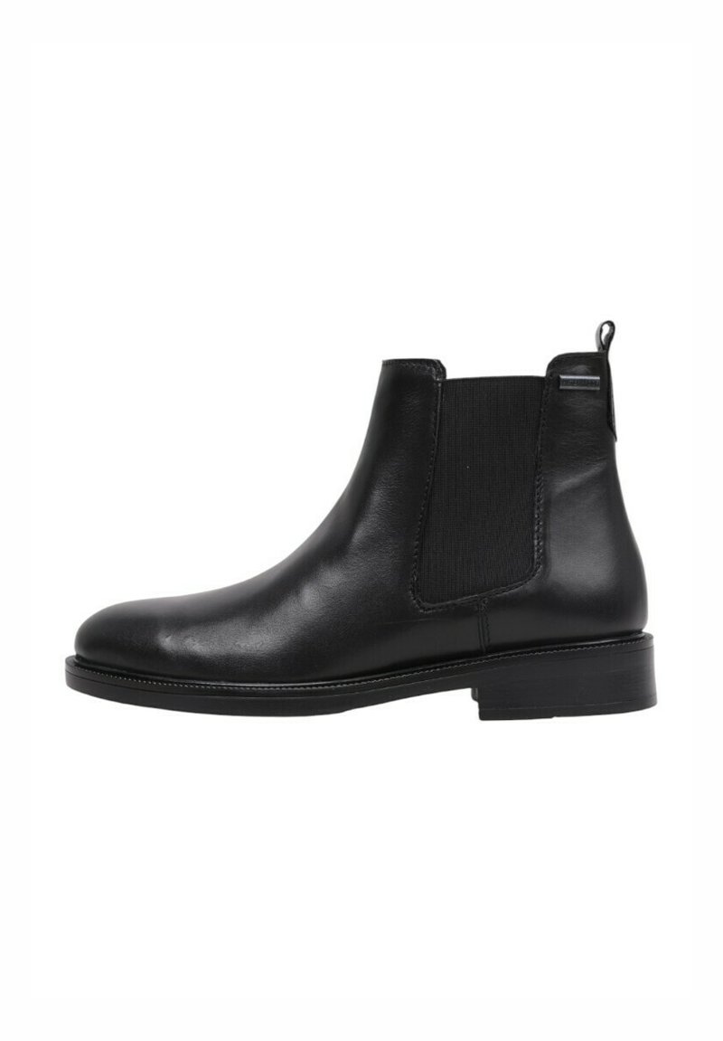 Black leather Chelsea boots with elastic side panels, rounded toe, and pull tab. Smooth texture and flat rubber sole for stability.