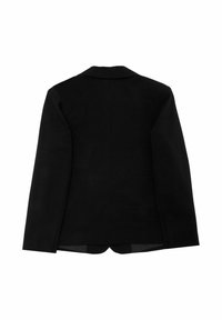 Czarny żakiet, dopasowany kształt, gładka tekstura, pojedyncze rozcięcie z tyłu, ostre klapy i braku widocznych elementów metalowych lub akcentów.