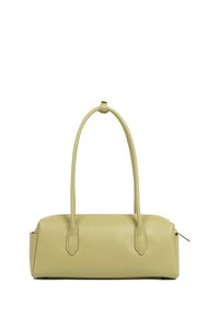 Sac à main en cuir vert de forme rectangulaire, avec deux poignées supérieures et une fermeture éclair, présentant des accents angulaires et une texture lisse.