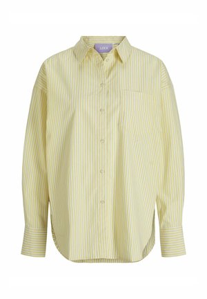 Gelb gestreiftes Hemd mit Button-Down-Kragen, Tasche auf der linken Brust und langen Ärmeln in lässigem Schnitt. Material aus elastischer Baumwolle.