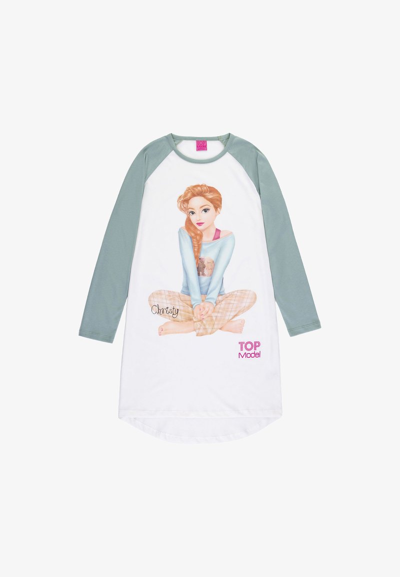 Langärmliges Nachthemd mit einem weißen Körper und mintgrünen Ärmeln. Mit einem bedruckten Charakter, der mit einem Hund sitzt, karierten Hosen und dem Text "TOP Model".