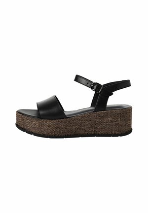 Sandali platform neri con una base intrecciata marrone testurizzata e una singola fascia nera sulla parte anteriore, dotati di una cinghia alla caviglia regolabile.
