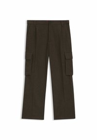 Bruna cargobyxor tillverkade av textil med struktur, med en rak ben design, två sidofickor och två fickor med klaff på låren.