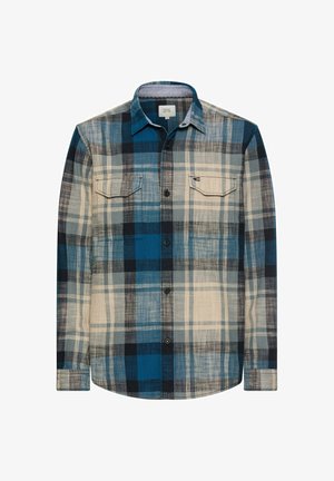 Blauw, zwart en beige geruit flanellen overhemd met lange mouwen, knoopsluiting aan de voorkant en twee borstzakken met kleppen.