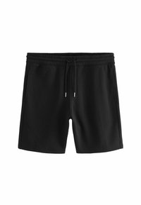 Černé šortky na stažení s elastickým pasem a bočními kapsami, navržené pro casual nebo sportovní nošení.