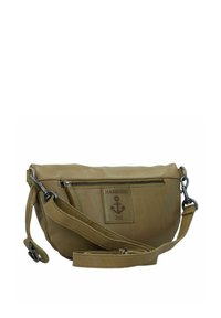 Borsa a tracolla in pelle beige con chiusura a zip, tracolla regolabile e una patch frontale con il logo di un'ancora. Texture liscia, design minimal.