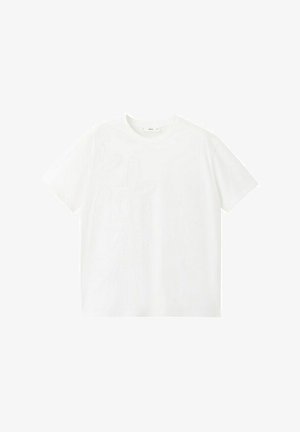 Tricou alb cu mâneci scurte și guler rotund, cu un model floral subtil în relief sau texturat pe partea din față.