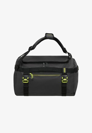 Bolsa de deporte negra y gris con correa de hombro acolchada ajustable, dos hebillas delanteras y un bolsillo frontal con cremallera con detalles en amarillo.
