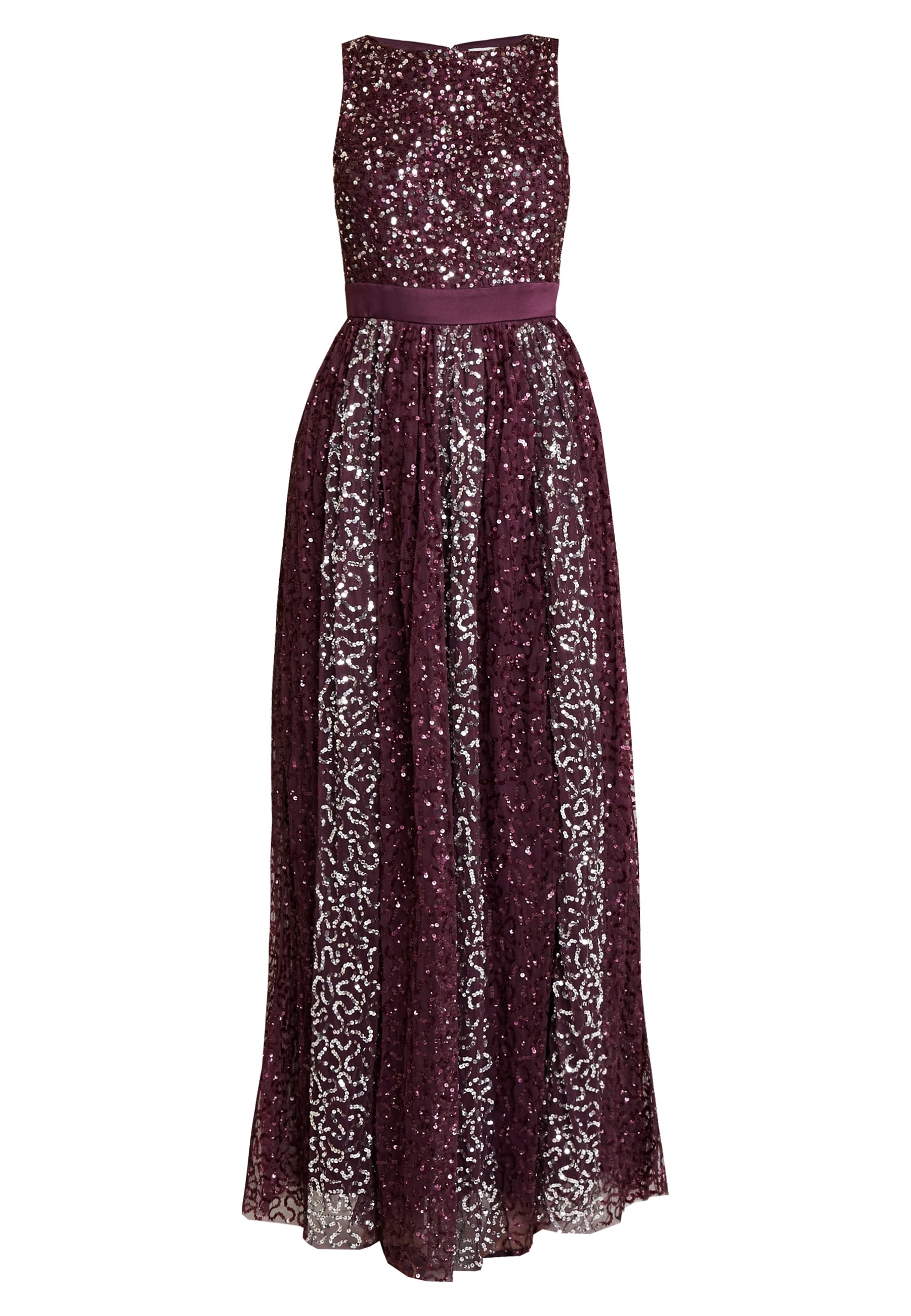 berry ruffle embellished back fishtail maxi dress
