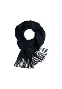 Temno moderna šal iz mehke tkanine, z okroglem vzorcem in resicami na robovih ter gumbnim zaključkom.