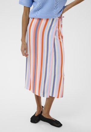 Frau trägt ein blaues Strickoberteil, einen mehrfarbigen, vertikal gestreiften Midi-Rock mit seitlicher Schleife und schwarze Netz-Ballerinas, stehend auf weißem Hintergrund.