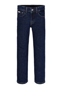 Jeans in denim blu scuro con taglio dritto, dotati di chiusura a bottone, design a cinque tasche e dettagli di cucitura arancioni a contrasto.