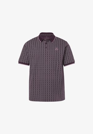 Kortærmet polo t-shirt i mørk lilla med geometrisk mønster, krave og ærmestrimler i lysere lilla, brandlogo på venstre bryst.