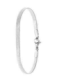 Zilveren kettingarmband met een flexibel, zigzagontwerp en een karabijnsluiting. Heeft een gladde textuur en continue, met elkaar verbonden segmenten.