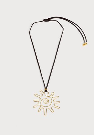 Black adjustable cord necklace with a gold sun-shaped pendant featuring a spiral center and radiating rays.