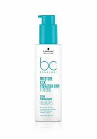 Vit flaska med en teal pumpkork; etiketten har "BC Bonacure Moisture Kick Hydration Balm Glycerol" och vetenskapliga ikoner; 150 mL.