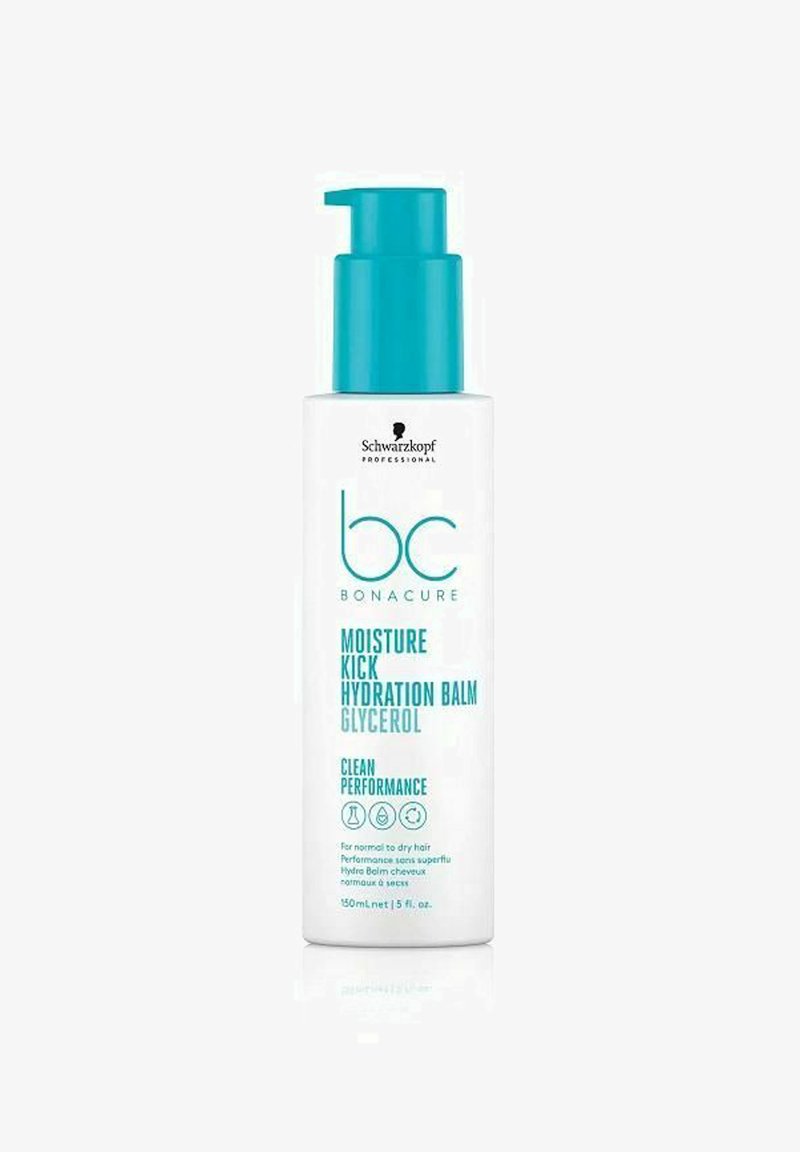 Vit flaska med en teal pumpkork; etiketten har "BC Bonacure Moisture Kick Hydration Balm Glycerol" och vetenskapliga ikoner; 150 mL.