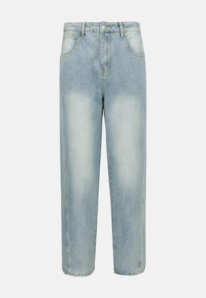 Svijetloplave izblijedjele traperice ravnih nogavica s prednjim gumbom, patentnim zatvaračem i stilom s pet džepova.