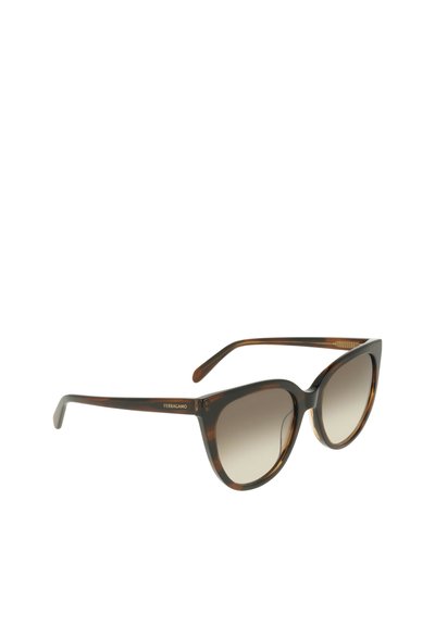 Lunettes de soleil œil de chat avec une monture écaille de tortue, des verres dégradés et des accents métalliques. Construction en plastique léger, design élégant.