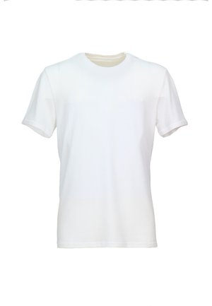 T-shirt bianca semplice a maniche corte con collo a girocollo e vestibilità regolare, mostrata su uno sfondo bianco.