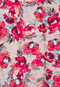 Floral fabric featuring large red and pink roses with teal accents on a light beige background. Soft texture with visible brushstroke detailing.