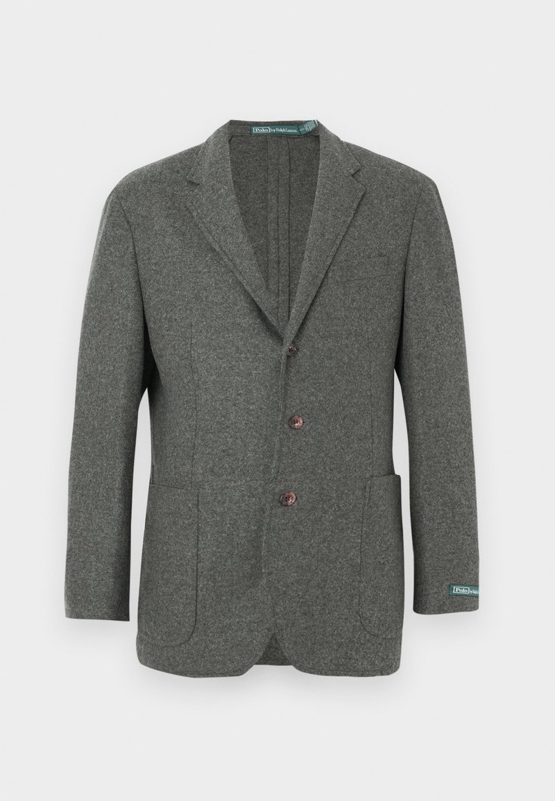 Grijze wollen blazer met een reverskraag met inkeping, drie knopen, twee voorzakken en een blauw merkembleem op de manchet. Gestructureerde stofafwerking.