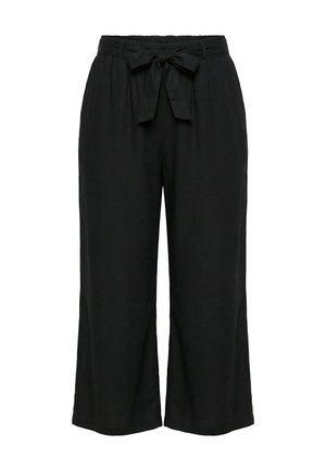 Černé široké kalhoty zkrácené na délku, s vysokým pasem a látkovým páskem uvázaným vpředu, s jemnými záhyby pod pasovým lemováním.