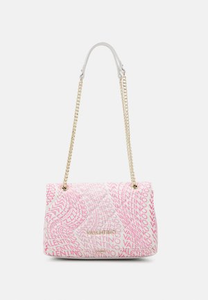 White handbag with pink "Valentino" text pattern, gold chain strap, and metallic Valentino logo on the front flap.