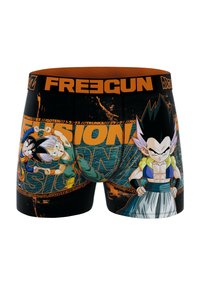 Boxer shorts noirs avec une taille orange, arborant les personnages de cartoon Goten et Trunks, ainsi que le mot "FUSION" en texte orange gras.