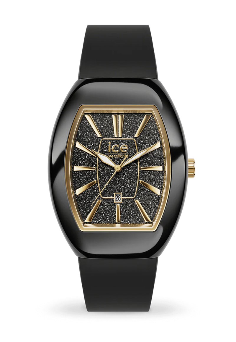Schwarze Silikonarmbanduhr mit rechteckigem Gehäuse. Zifferblatt mit schwarzer Textur verfügt über goldene Stundenmarkierungen, Zeiger und Datumsanzeige. Transparenter Lünette.