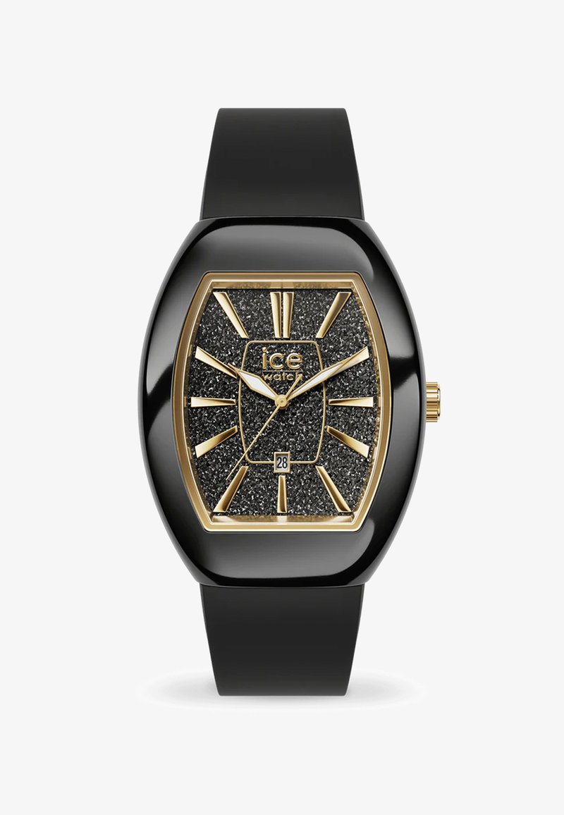 Schwarze Silikonarmbanduhr mit rechteckigem Gehäuse. Zifferblatt mit schwarzer Textur verfügt über goldene Stundenmarkierungen, Zeiger und Datumsanzeige. Transparenter Lünette.