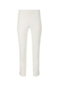 Witte, op maat gemaakte broek met een slanke pasvorm, met een gladde textuur, zijzakken en kleine zijsplitten aan de zoom voor extra detail.