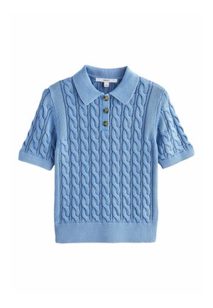 Light blue short-sleeve knit polo shirt with cable pattern, ribbed cuffs and hem, three brown buttons, and a soft collar.