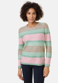 Gestreifter Pullover aus weichem Strick mit horizontalen Streifen in Rosa, Grün und Beige. Rundhalsausschnitt und gerippte Bündchen, lockere Passform.