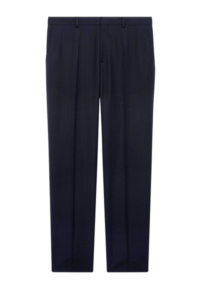Marineblaue, taillierte Hose mit geradem Bein, flacher Vorderseite, zwei seitlichen Taschen und subtilen vertikalen Streifen für Textur.