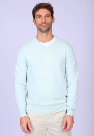 Homme debout, faisant face à l'avant, portant un pull en V bleu clair sur une chemise blanche et un pantalon beige, sur un fond clair uni.