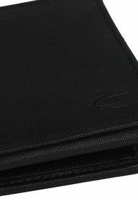 Black leather wallet with a smooth texture, featuring a subtle embossed logo and stitched edges, designed in a folded shape for storage.
