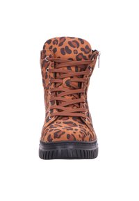 Leopard print ankle boot in brown and black fabric with lace-up design, padded collar, and side zipper. Rubber sole with textured grip.