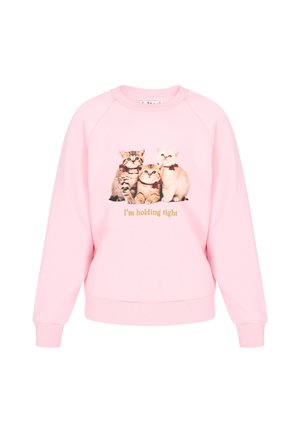 Rosa Sweatshirt mit Rundhalsausschnitt, auf dem eine Grafik von drei Katzen und der Text "Ich halte fest" in Gold zu sehen sind. Legeres Design mit gerippten Bündchen.