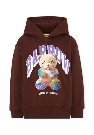 Brązowa bluza z kapturem z kolorowym nadrukiem pluszowego misia z patchworku oraz tekstem "BARROW" i "LEADER OF THE BEARS" z przodu.