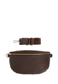 Marsupio in pelle intrecciata marrone con cerniera e accessori dorati. Include una tracolla in tessuto marrone staccabile con fibbia regolabile.