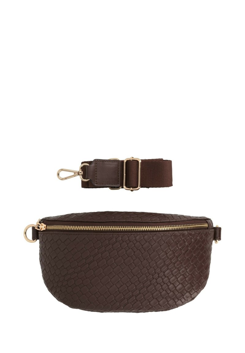 Marsupio in pelle intrecciata marrone con cerniera e accessori dorati. Include una tracolla in tessuto marrone staccabile con fibbia regolabile.
