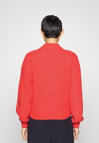 Persoon met kort zwart haar, gekleed in een felrode gebreide trui en donkere broeken, staande met het gezicht naar een effen lichte achtergrond.