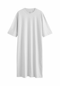 Weißes Baumwoll-T-Shirt-Kleid mit kurzen Ärmeln, Rundhalsausschnitt, lockerer Passform und knielangem Schnitt; glatte Textur ohne Muster oder Akzente.