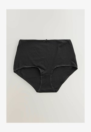 Crne pamučne gaćice visokog struka sa glatkom teksturom, čipkastim rubom na pojasu i dekorativnom mašnom sprijeda.