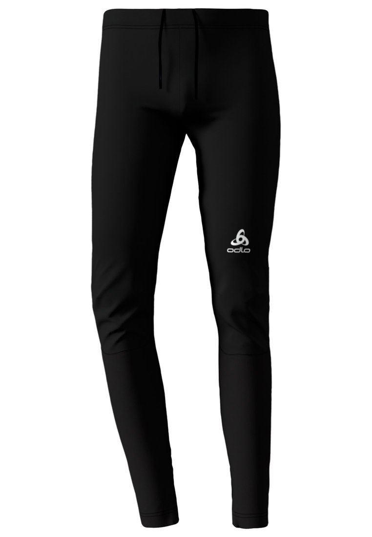 Schwarze Sporthosen aus elastischem Material mit einem Kordelzug an der Taille und einem weißen Logo auf dem linken Oberschenkel. Elegantes, körperbetontes Design.