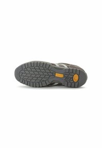 Brown suede shoe with gray rubber sole. Features a textured grip pattern and a logo accent near the heel. Striped design on the side.
