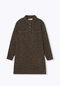 Robe-chemise à imprimé léopard en vert foncé et marron, avec un col, une fermeture boutonnée devant et deux grandes poches poitrine.
