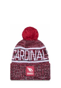 Rote Strickmütze mit weißen "CARDINALS"-Text, einem roten Pompon oben und einem Logo-Patch vorne mit einem strukturierten Muster.